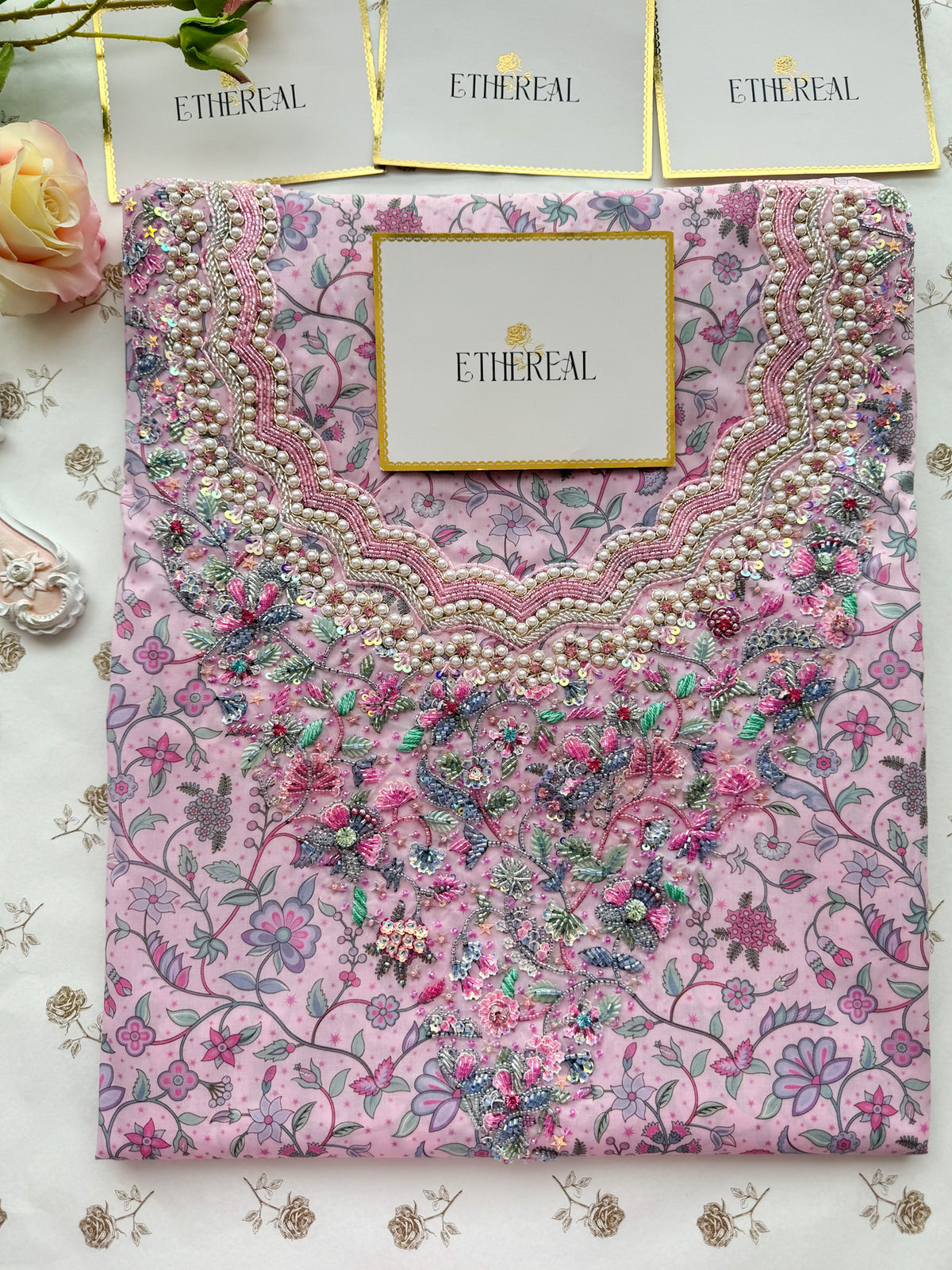 Liberty London Midnight Vine (Pink) - Hand Embroidered