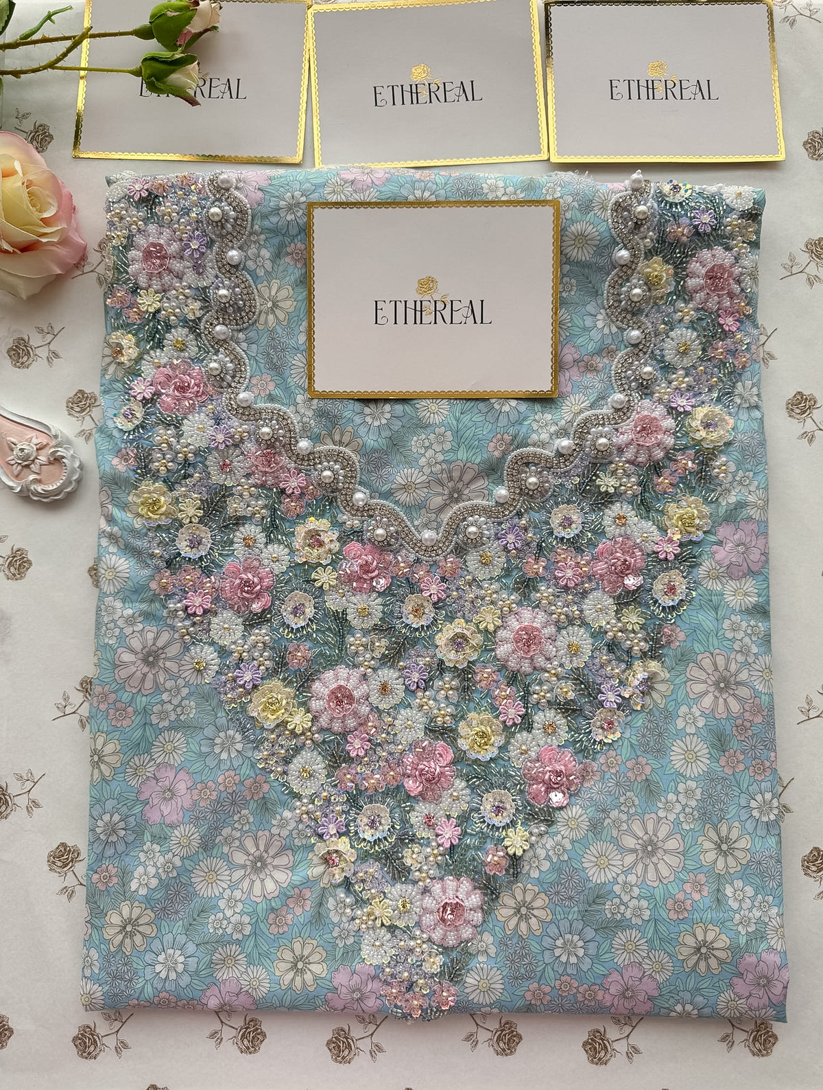 Fiora (Blue) - Hand Embroidered