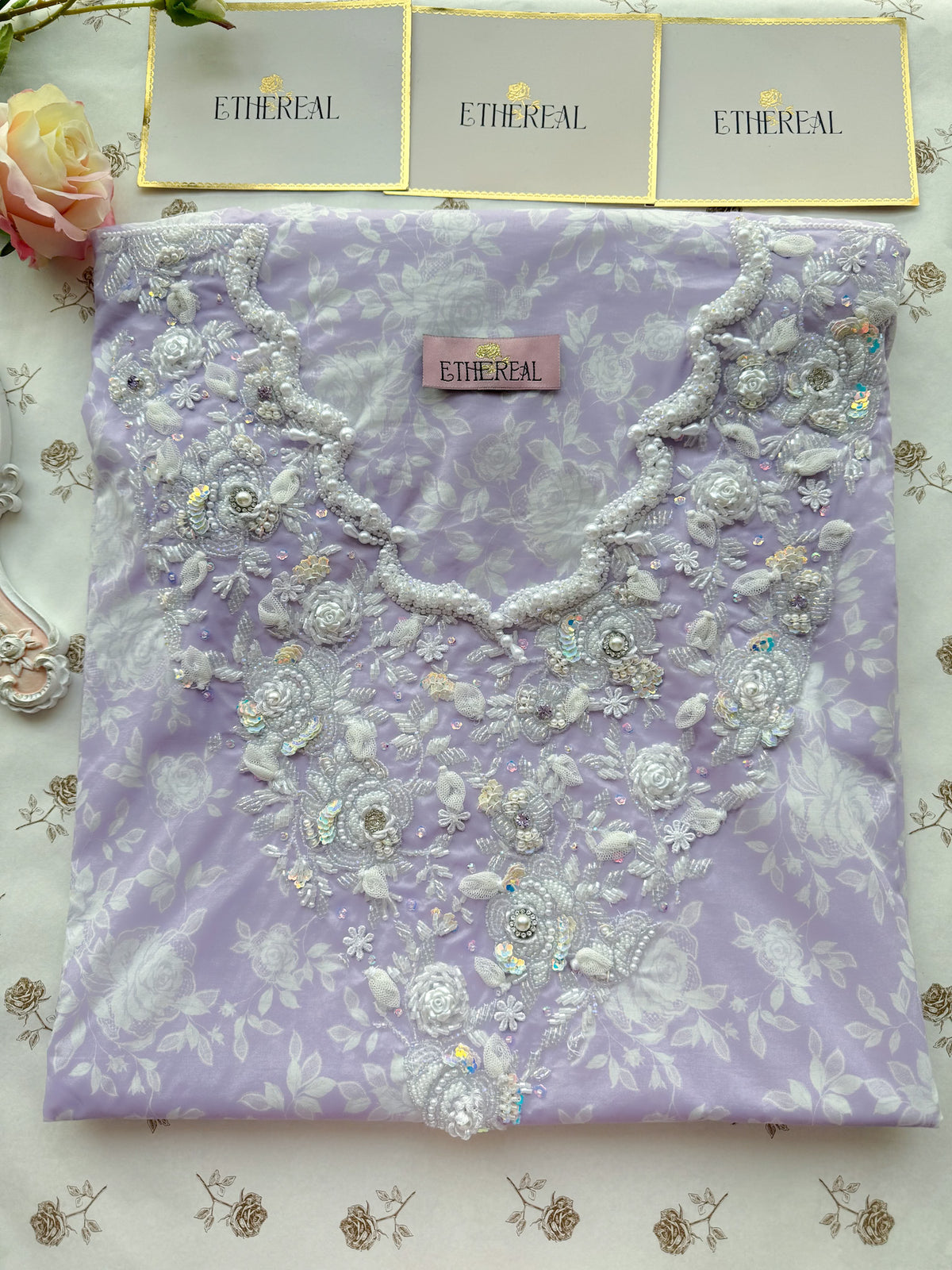 Lace & Roses (Purple) - Hand Embroidered