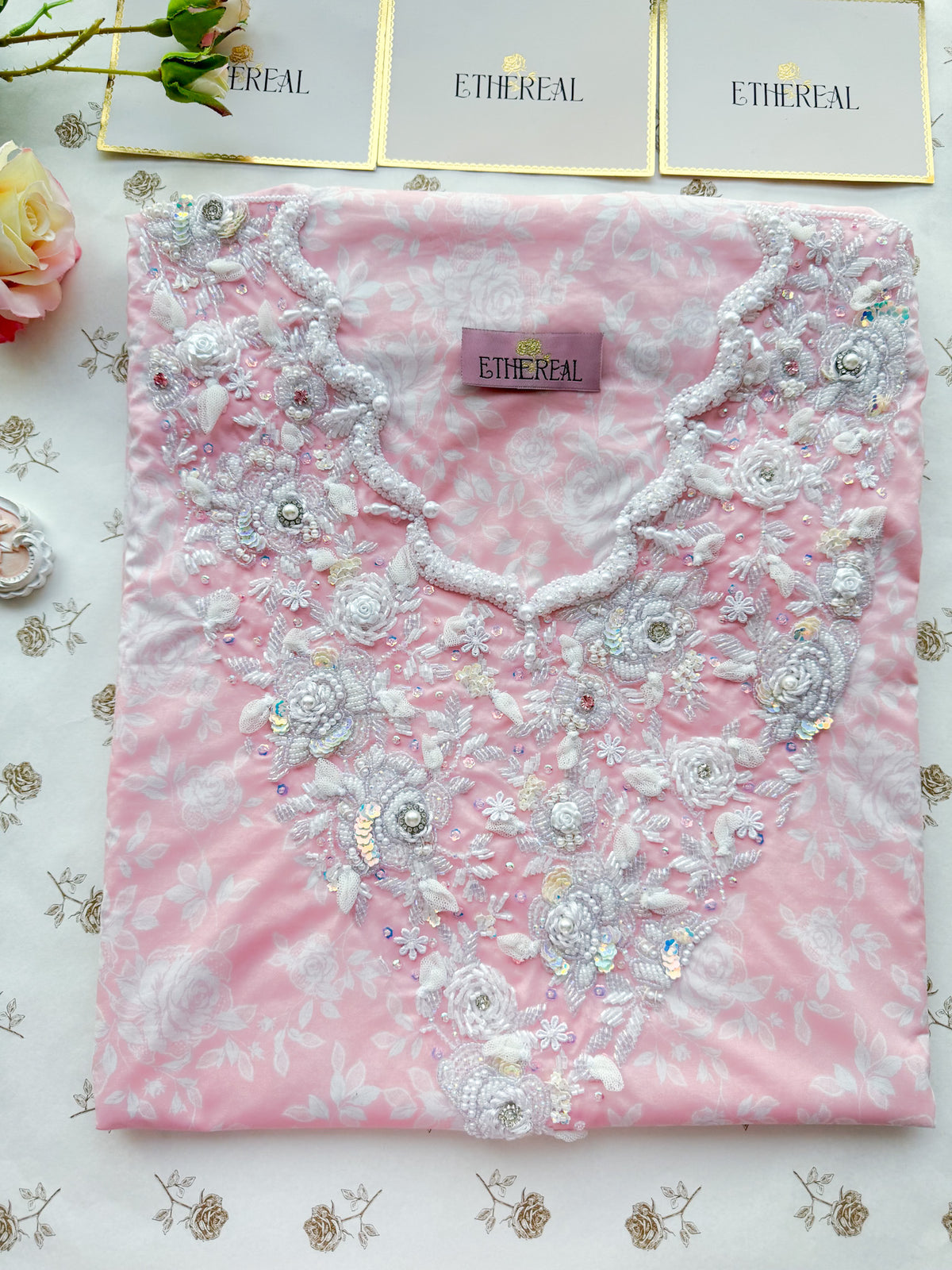 Lace & Roses (Pink) - Hand Embroidered