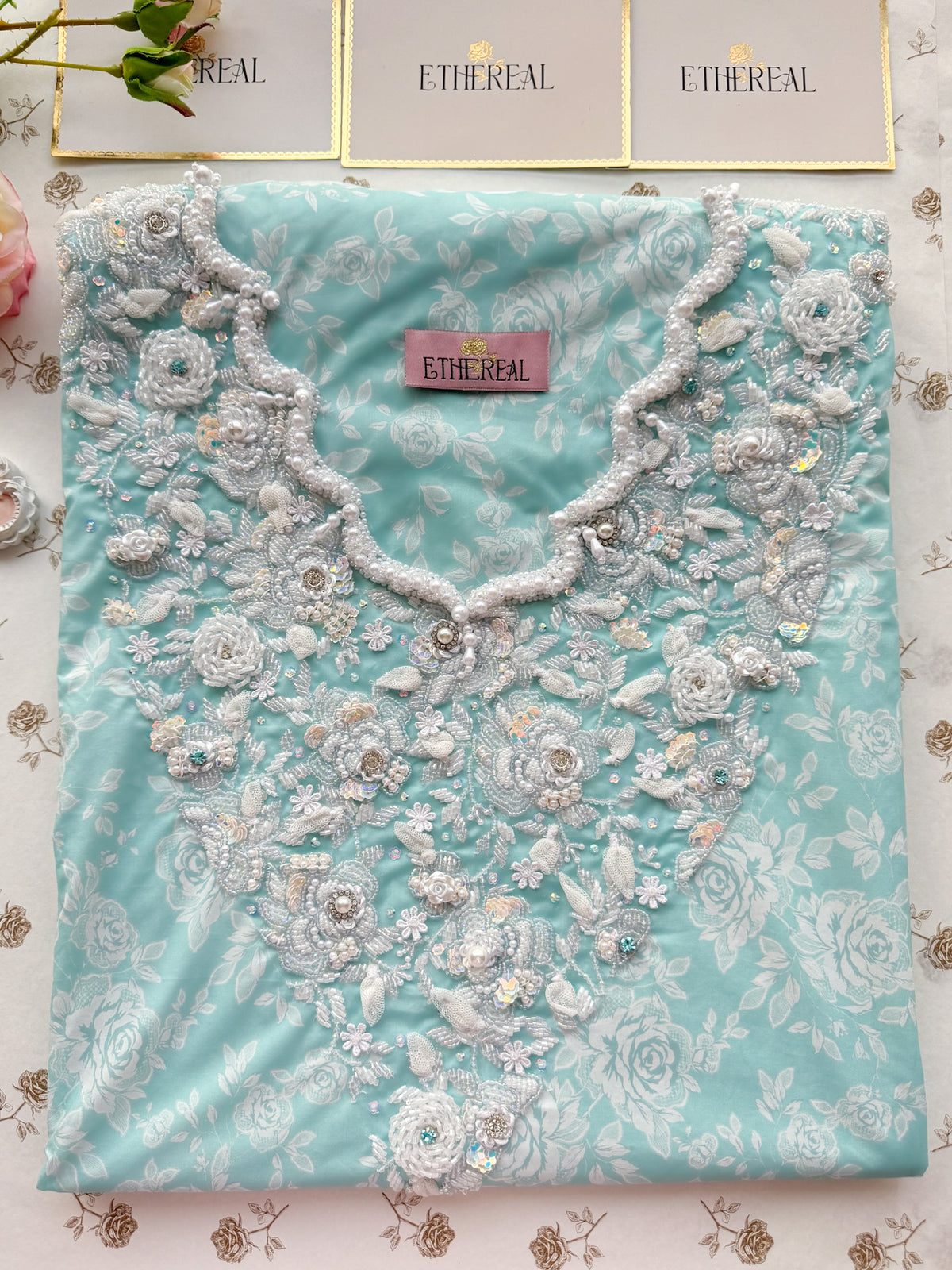 Lace & Roses (Soft Turquoise) - Hand Embroidered