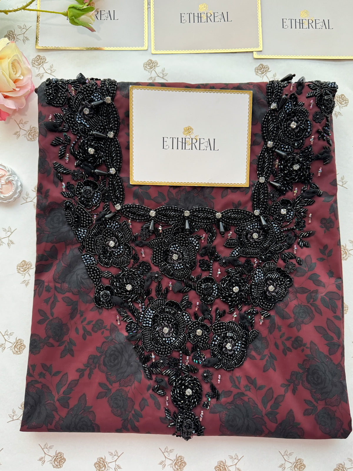 Lace & Roses (Maroon) - Hand Embroidered