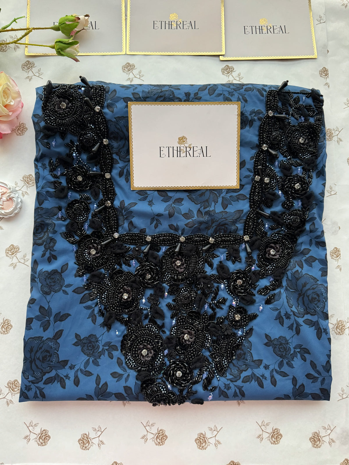Lace & Roses (Blue) - Hand Embroidered