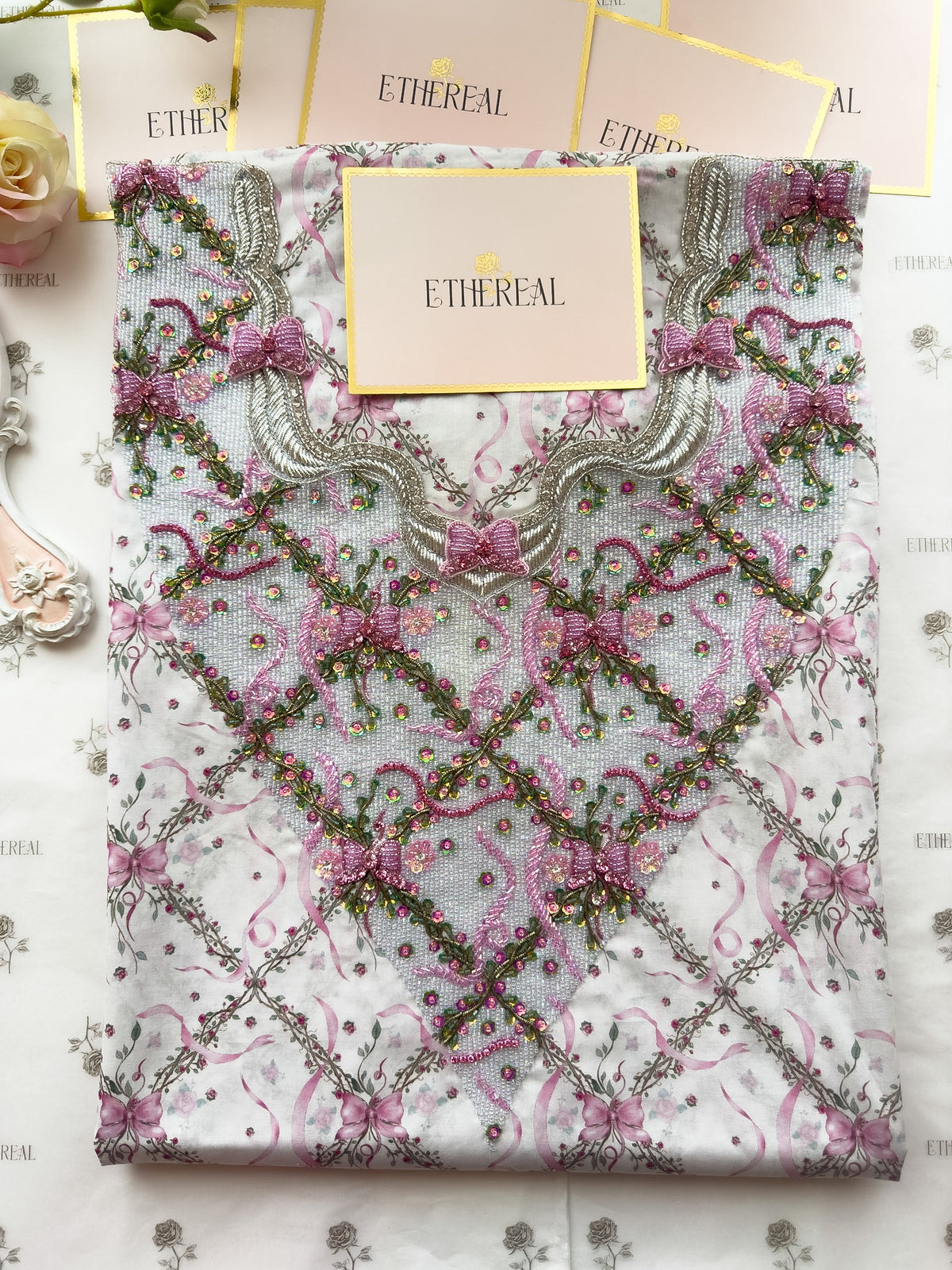 Fatefully Intertwined (White) - Hand Embroidered