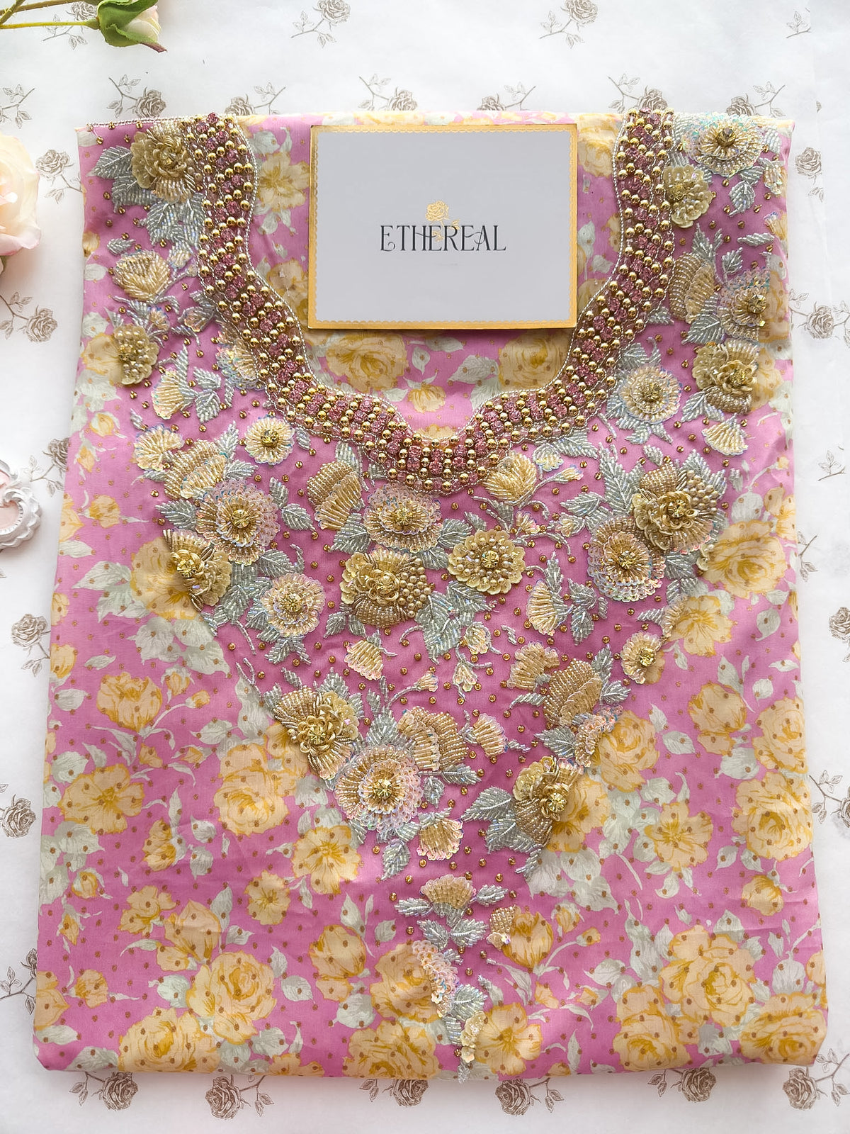 Liberty London Carline Love Metallic Collection (Pink & Gold) - Hand Embroidered