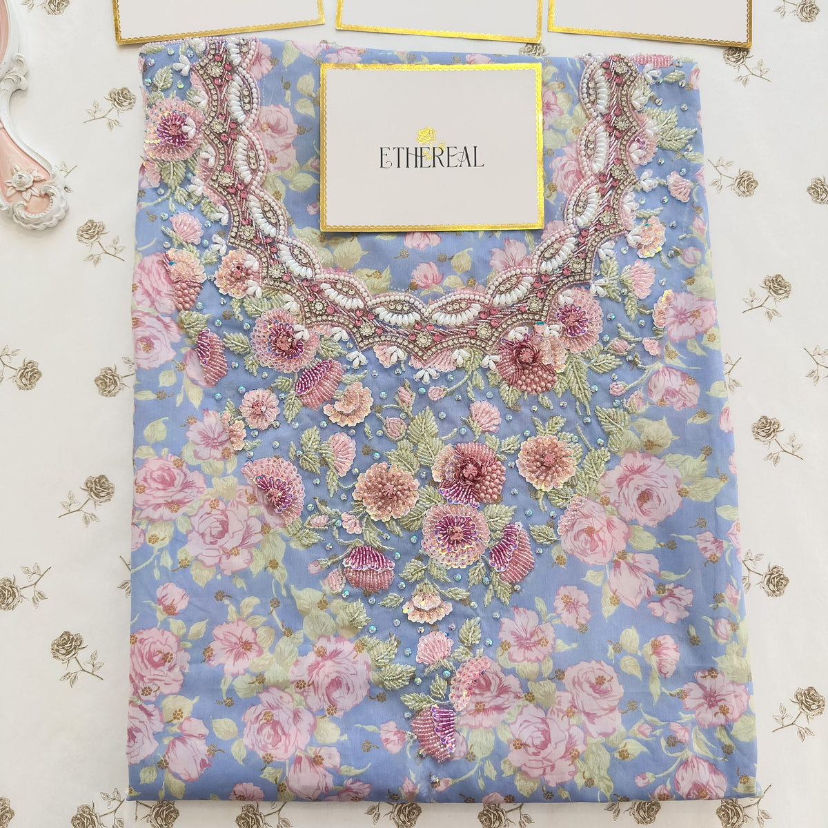 Liberty London Carline Love Metallic Collection (Blue & Pink) - Hand Embroidered