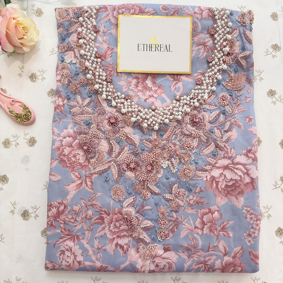 Liberty London Regency Trail (Blue & Pink) - Hand Embroidered