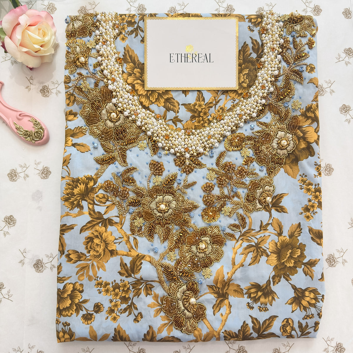 Liberty London Regency Trail (Blue & Gold) - Hand Embroidered