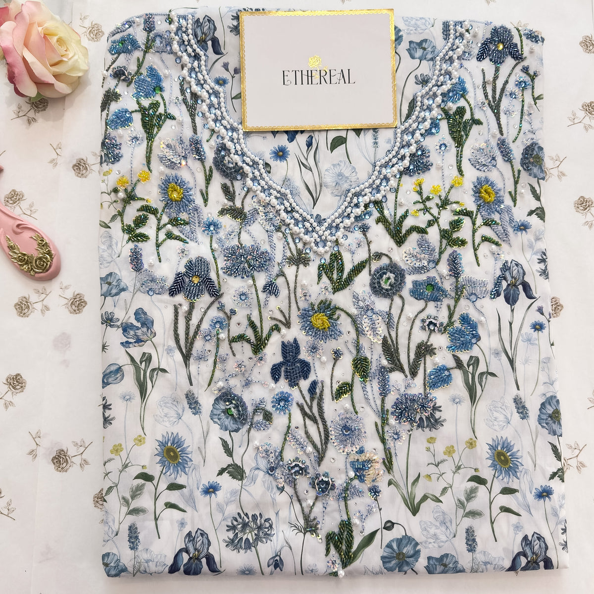 Liberty London Meadow Muse (Blue) - Hand Embroidered