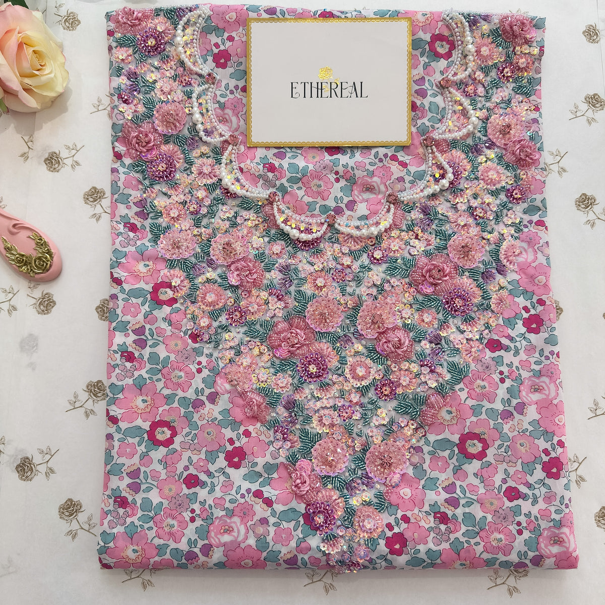 Liberty London Betsy Metallic (Pink) - Hand Embroidered