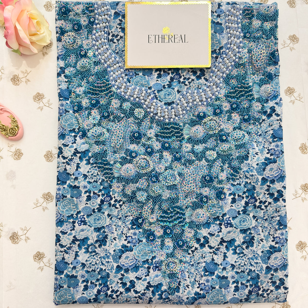 Liberty London Elysian Day (Blue) - Hand Embroidered